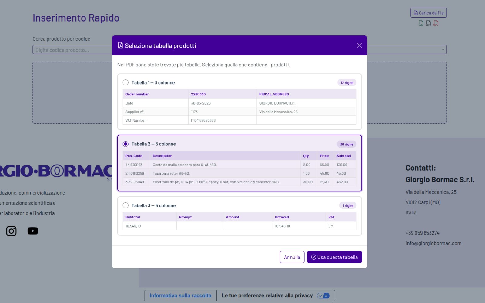 Quick Entry — selezione tabella PDF